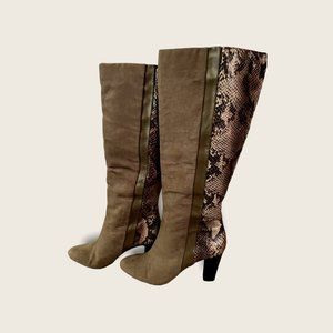 COSMOPOLITAN TALL GRAY/SNAKESKIN HEELED BOOTS